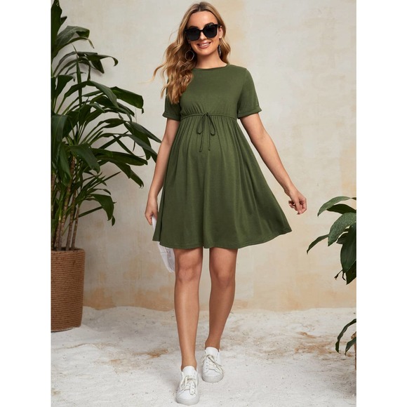 Maternity short sleeve Knot Waist mini Dress olive green - Picture 3 of 12